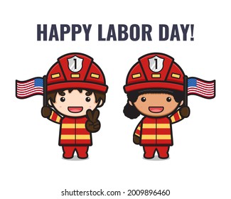 Cute firefighter celebrate labor day cartoon illustration. Design isolated flat cartoon style