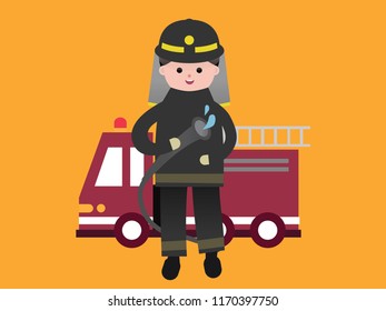 Cute firefighter holding fire engine hose