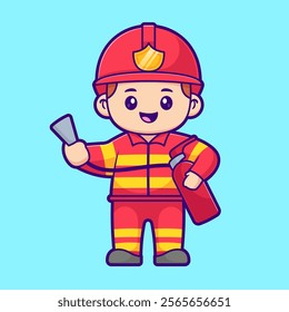 Cute Firefighter Holding Fire Extinguisher Cartoon Vector Icon 
Illustration. People Profession Icon Concept Isolated Premium 
Vector. Flat Cartoon Style 