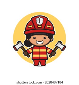Cute firefighter holding two axes cartoon icon illustration. Design isolated flat cartoon style