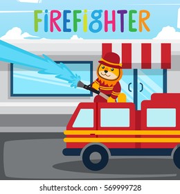 Cute Firefighter Lion On Duty Character Illustration For Kids, Suitable for Education, Card, T-Shirt, Social Media, Print, Book, Stickers, and Any Other Kids Related Activities 