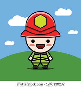 Cute firefighter Vector character design  wearing red helmet and green uniform. Can be edited for stickers, children's books. cute firefighter vector character
