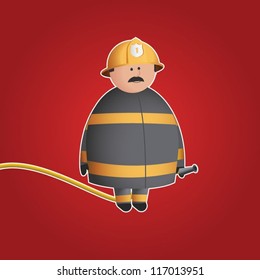 Cute firefighter vector character in a helmet holding a hose