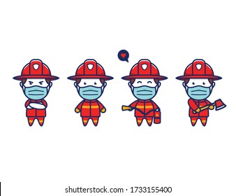 cute firefighter worker officer character chibi mascot set with face mask protection from covid coronavirus flu