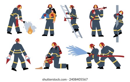 Personajes de los bomberos. Profesionales con manguera, cubeta, extinguidor de incendios, servicio de emergencia, personal de uniforme protector, conjunto de vectores.eps
