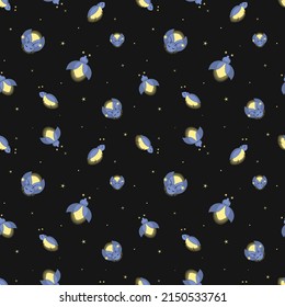 Cute fireflies and stars seamless pattern. Vector cartoon illustration