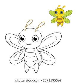 A cute firefly cartoon character with big eyes, tiny wings, and a glowing tail, ready to be colored. Perfect for kids who love adorable, light-up insects!