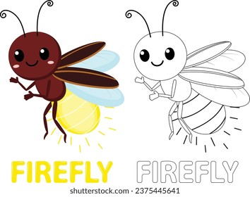 Cute Firefly cartoon Coloring Book, hand drawn simple lines