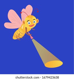 Cute firefly with a flashlight in his hand on the night sky background. Vector illustration isolated on blue background.