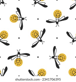 Cute firefly seamless pattern with hand-drawn glowing fireflies and tiny dots on a white background. Whimsical lightning bug vector illustration for kids fabric, nursery wallpaper, wrapping paper, and pajamas.
