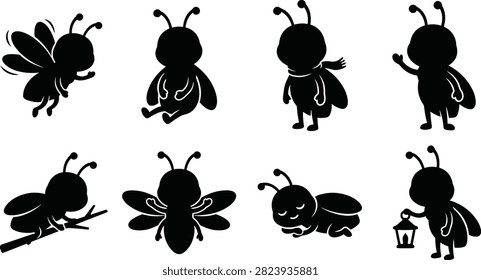 Cute Firefly Silhouette Icons Set, Black Vector Illustration of Fireflies in Various Poses, Isolated on White Background for Nature and Summer Designs