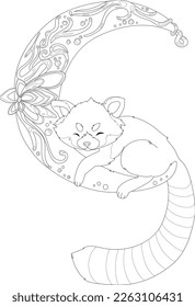 Corte firefox durmiendo en la plantilla de sketch de la luna de mandala. Ilustración vectorial gráfica de dibujos animados en blanco y negro para juegos, fondo, patrón, decoración. Libro de cuentos para niños, cola de hadas, papel colorante