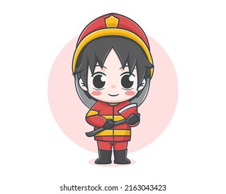 Cute fireman, der eine Axt-Cartografik hält