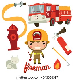 Cute Fireman Kid. Firefighter Profession.