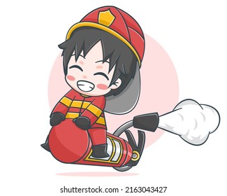 Cute fireman riding fire extinguisher cartoon illustration