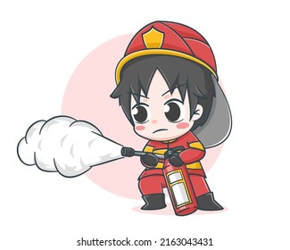 Cute fireman using a fire extinguisher cartoon illustration