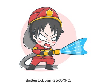 Cute fireman watering the fire cartoon illustration