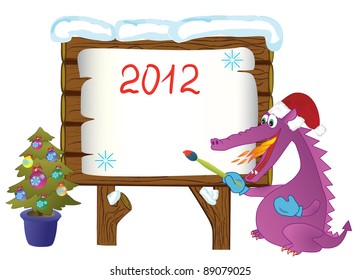 Cute fire-spitting Dragon, isolated on a white background, symbol 2012 year, writes on a forest board your message about celebration of Christmas and New Year