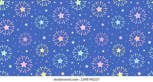 Cute firework vector background, holiday seamless repeat pattern for textile of wallpaper design, colorful banner illustration