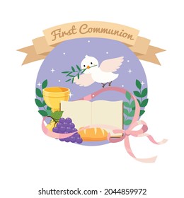 Cute first communion illustration with chalice, bible, bread and wine. Flat vector cartoon design