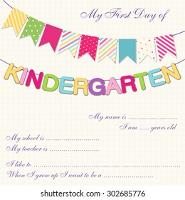 Cute First Day of Kindergarten interview card with bright festive buntings