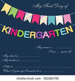 Cute First Day of Kindergarten interview card with bright festive buntings