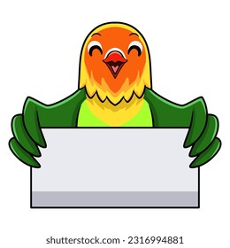 Cute fischer love bird cartoon holding blank sign