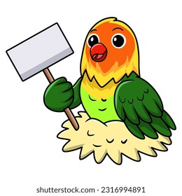 Cute fischer love bird cartoon holding blank sign