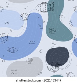 Cute fish abstract sea pattern blue line doodle. Seamless background ocean. Textiles for children. Minimalism paper scrapbook for kids.