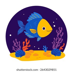 Peixe bonito com algas e coral no fundo do mar sobre fundo azul. Ilustração vetorial em estilo plano. Coleção Kids