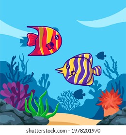 Cute Fish animal in ocean Vector Cartoon Illustrations for World Ocean Day