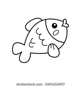 Cute fish. Cute animals. Coloring book, black and white vector illustration.