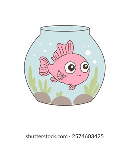 Cute fish in aquarium in flat design. Peaceful domestic goldfish pet. Vector illustration isolated.