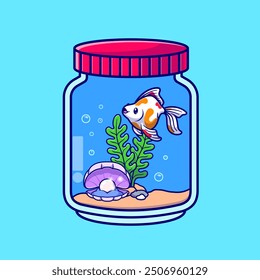 Cute Fish In Aquarium Jar Cartoon Vector Icon Illustration. Animal Nature Icon Concept Isolated Premium Vector. Flat Cartoon Style