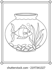 Cute fish in aquarium tank suitable for children's coloring page vector illustration