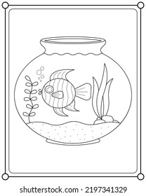 Cute fish in aquarium tank suitable for children's coloring page vector illustration