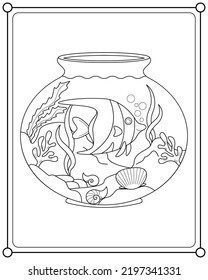 Cute fish in aquarium tank suitable for children's coloring page vector illustration