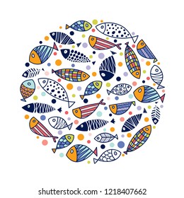 Cute fish. Around motif with fish.