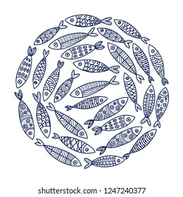 Cute fish. Around motif with fish.