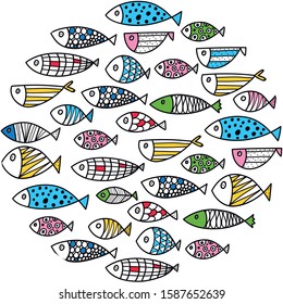 Cute fish. Around motif with fish.