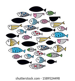 Cute fish. Around motif with fish.