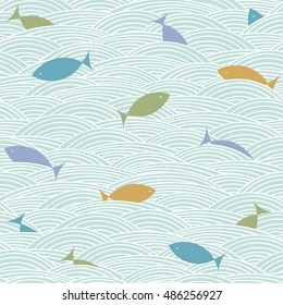 Cute fish background. Doodle hand drawn sea waves pattern. Vector seamless wallpaper.