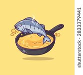 Cute Fish Being Fried in Hot Pan with Splashing Oil Vector Illustration