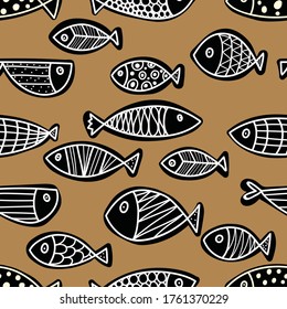 Cute fish. Black and gold. Vector seamless pattern. 