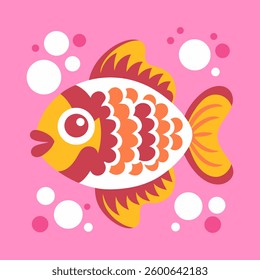 Cute fish with bubbles and pink background. Print for clothes, postcard. Flat illustration.