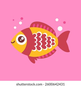 Cute fish with bubbles and pink background. Print for clothes, postcard. Flat illustration.