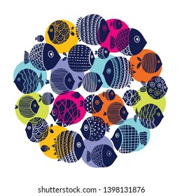 Cute fish card. Around motif with fish.