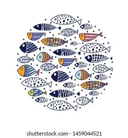 Cute fish card. Around motif with fish.