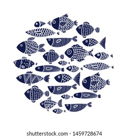 Cute fish card. Around motif with fish. Blue illustration.