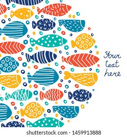 Cute fish card. Around motif with fish.